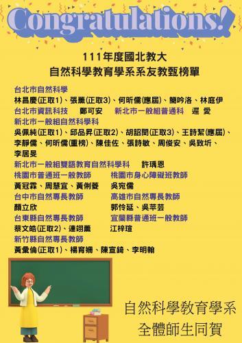 111學年度自然系系友教甄榜單